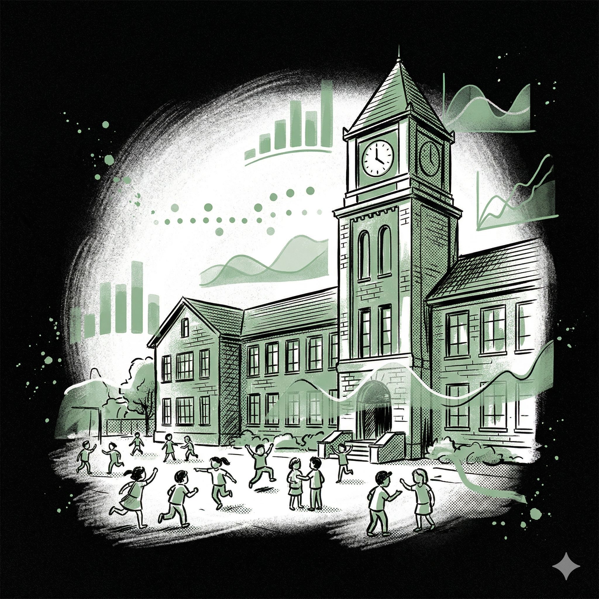 Schulhaus mit Pausenplatz, Kinder spielen, Statistiken schweben in der Luft